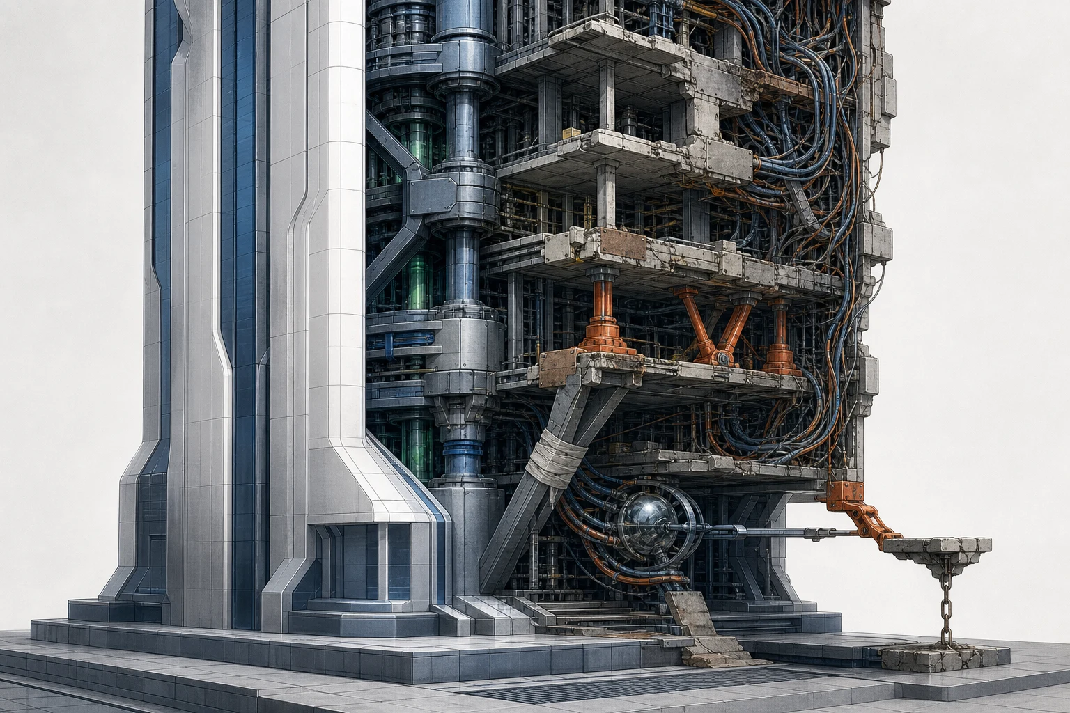 Cutaway software tower revealing sound systems alongside hidden patched and overloaded infrastructure.