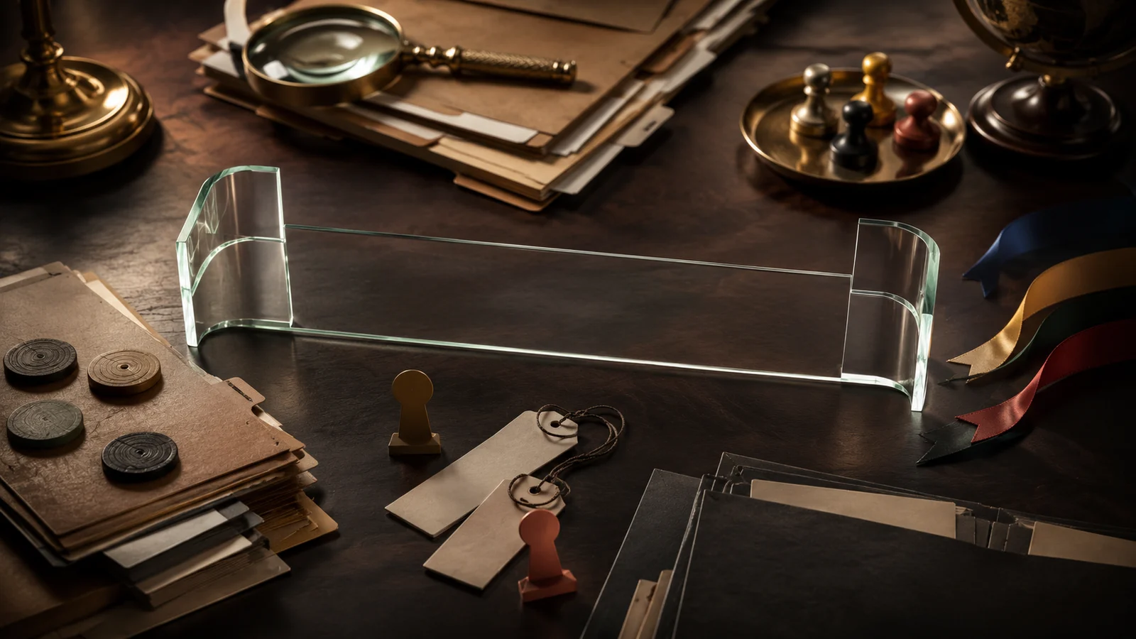 Evidence-room desk with a glass valuation range band, comp tokens, domain-history folders, and transfer-risk markers.